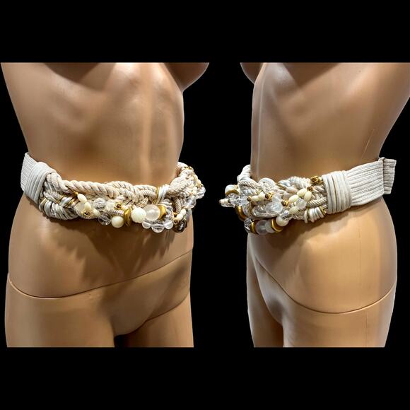 Vintage 80s Ivory Braided Rope Beaded Belt | Gold & Clear Statement Waist Cinch